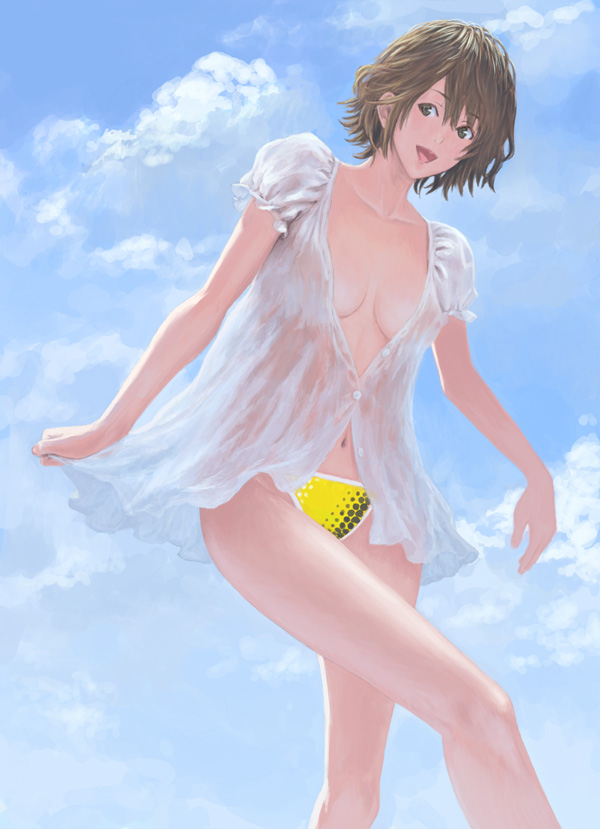 chiki (botugo), original, 1girl, bikini, bikini bottom only, brown hair, cloud, day, female focus, green eyes, navel, see-through clothes, short hair, sky, solo, swimsuit, yellow bikini