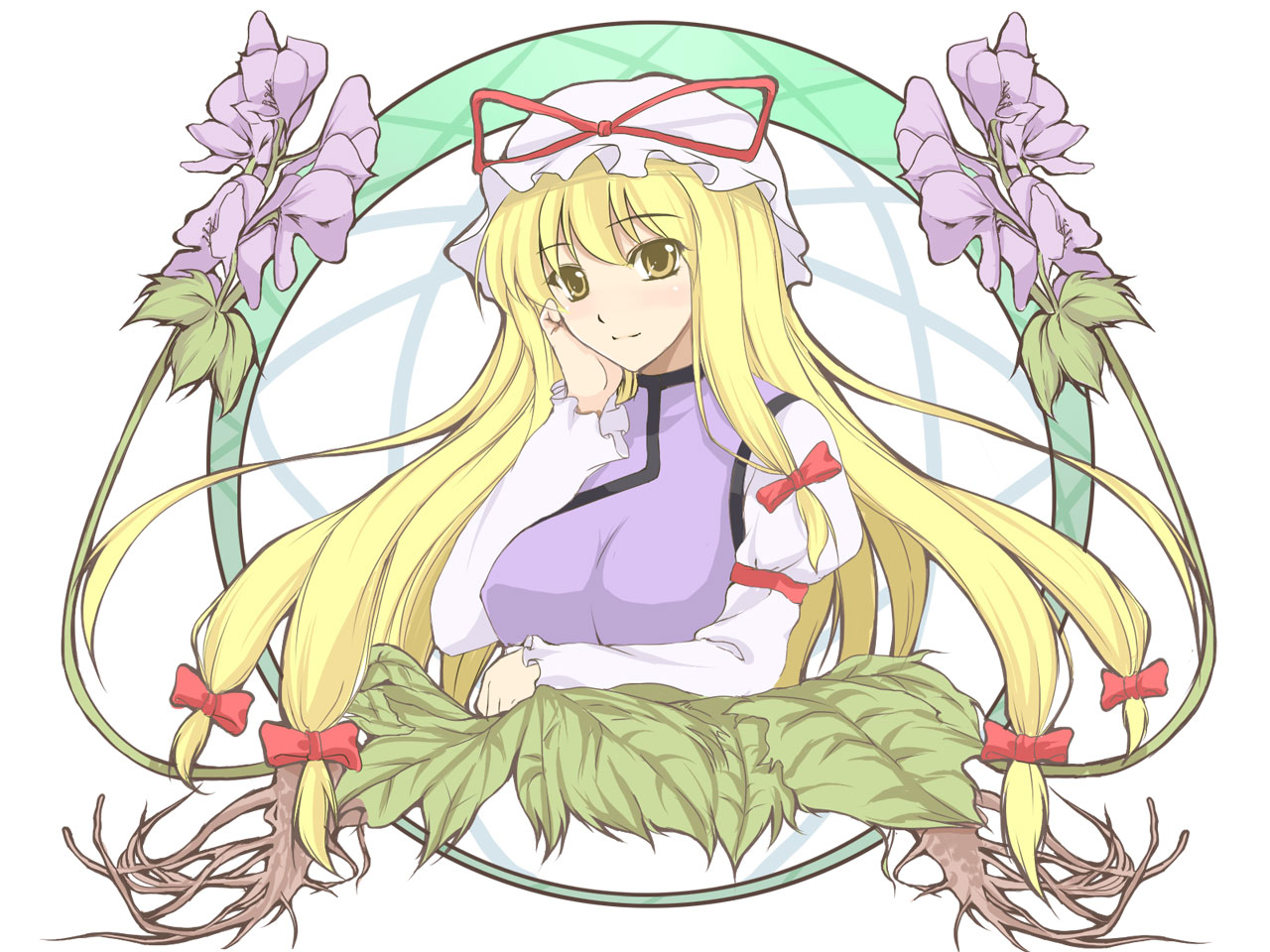 ryuushou, yakumo yukari, touhou, 1girl, blonde hair, blush, bow, female focus, flower, hair bow, hat, long hair, multiple hair bows, ribbon, smile, solo, yellow eyes