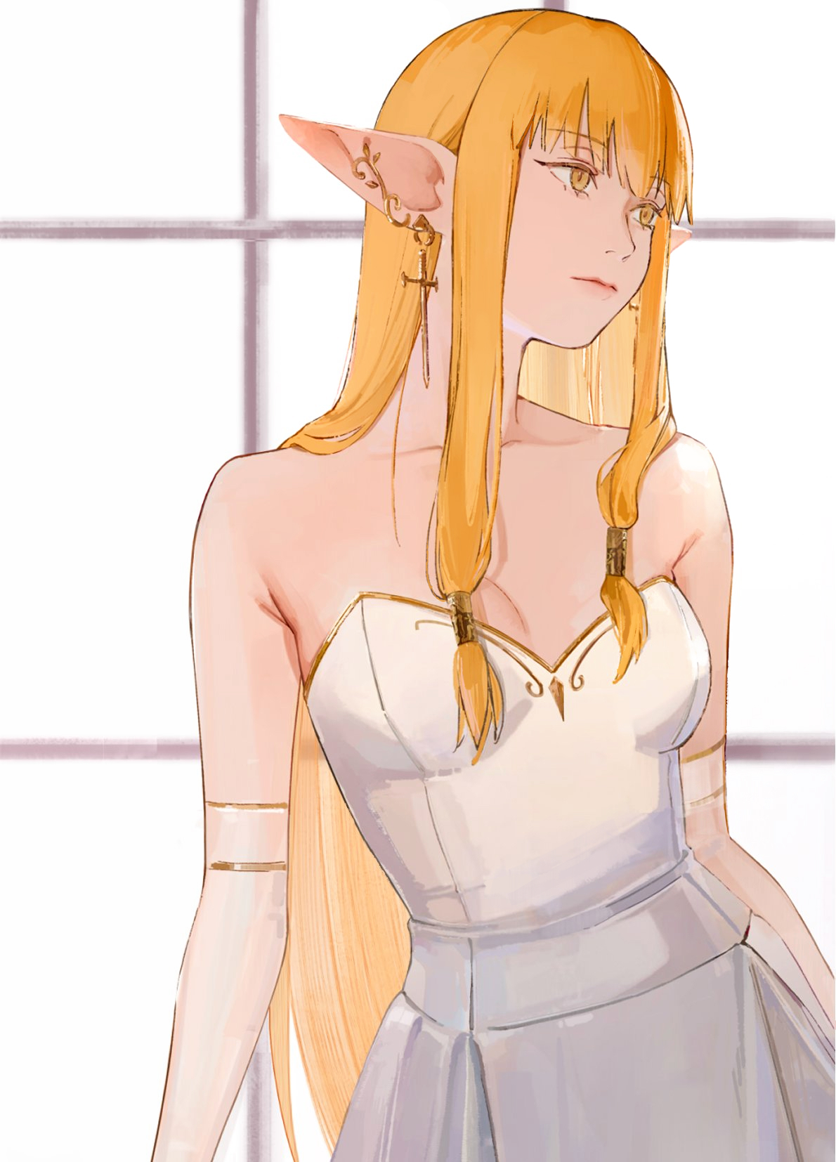 hypnotic9876, serie (sousou no frieren), sousou no frieren, commentary, highres, 1girl, alternate costume, armpit crease, blonde hair, breasts, collarbone, cross, cross earrings, dress, earrings, elbow gloves, elf, gloves, jewelry, long hair, looking to the side, medium breasts, pointy ears, solo, straight hair, strapless, strapless dress, very long hair, white dress, white gloves