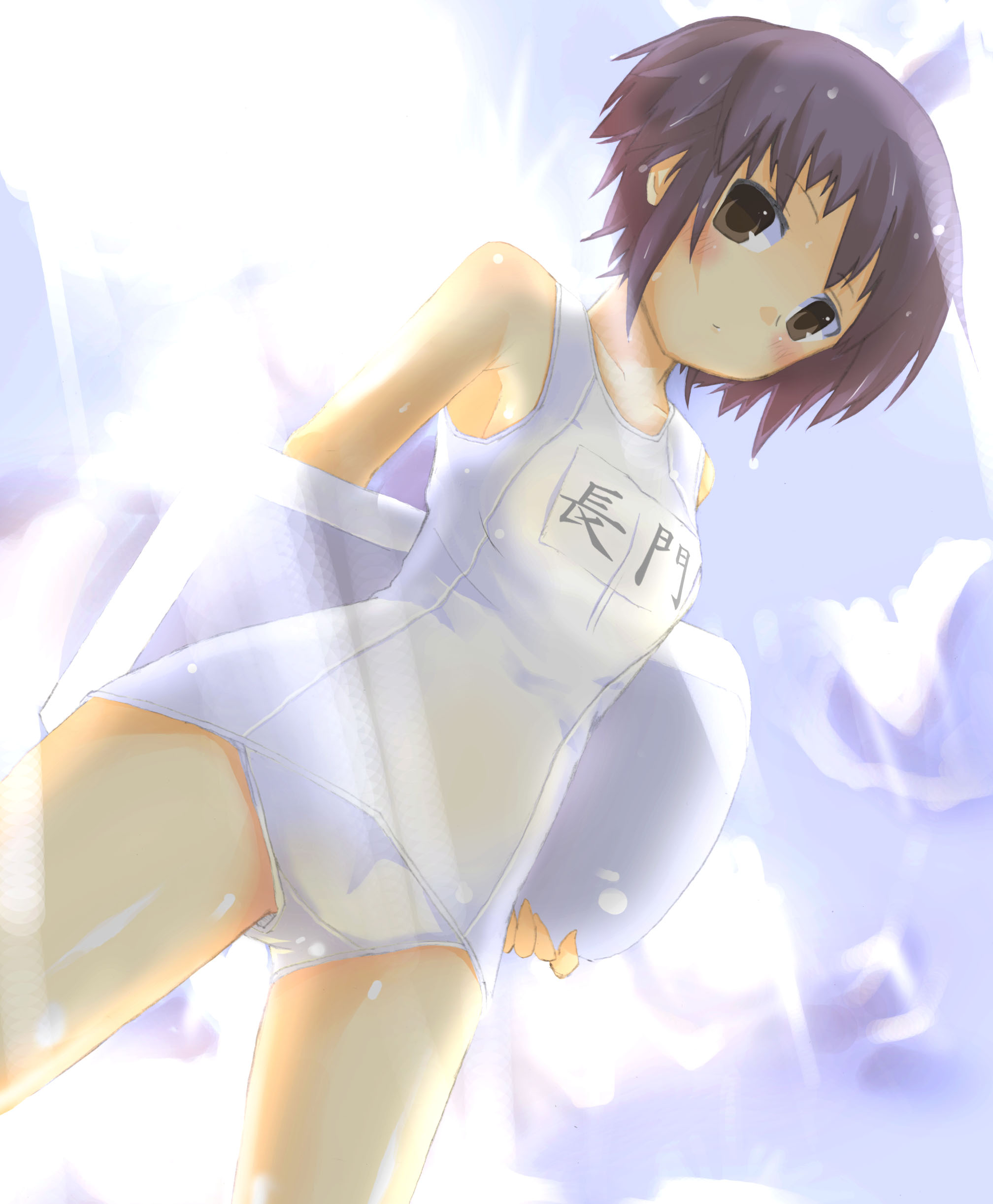 shivu (mochi), nagato yuki, suzumiya haruhi no yuuutsu, absurdres, highres, 00s, brown eyes, one-piece swimsuit, purple hair, school swimsuit, short hair, solo, standing, swimsuit, white one-piece swimsuit, white school swimsuit