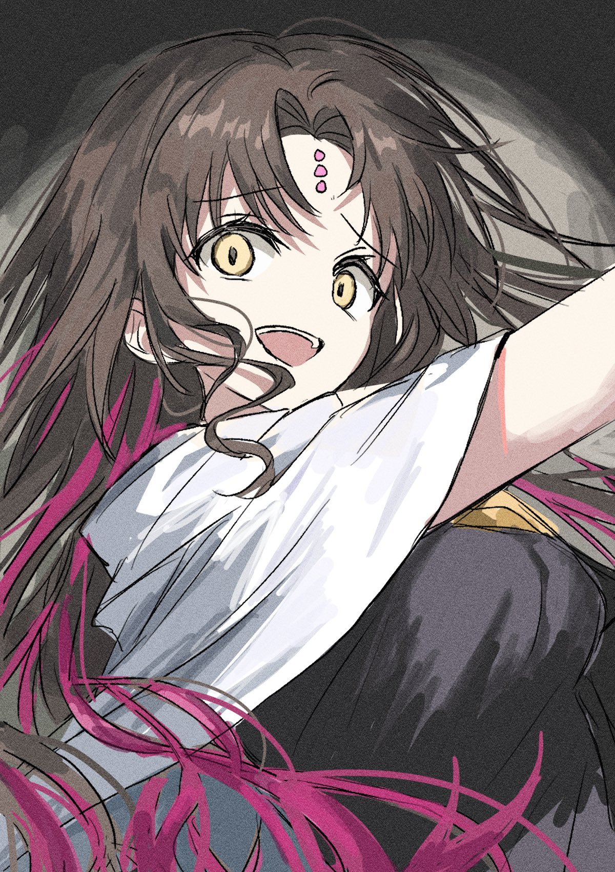 sessyoin kiara, fate/grand order, fate (series), highres, 1girl, breasts, brown hair, facial mark, forehead mark, large breasts, long hair, looking at viewer, multicolored hair, open mouth, parted bangs, pink hair, smile, solo, syst098, two-tone hair, upper body, yellow eyes