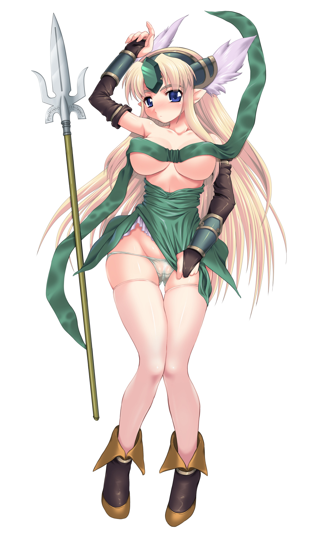 utsugi tsuguha, riesz, seiken densetsu, seiken densetsu 3, highres, 1girl, blonde hair, blue eyes, breasts, cameltoe, elbow gloves, female focus, gloves, head wings, helmet, large breasts, long hair, lowleg, lowleg panties, lying, narrow waist, panties, pointy ears, polearm, solo, spear, thigh gap, thighhighs, thighs, underwear, weapon, winged helmet, wings