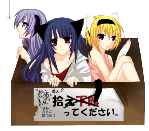 furude rika, hanyuu, houjou satoko, higurashi no naku koro ni, translation request, 00s, 3girls, animal ears, blonde hair, blue eyes, blue hair, box, collarbone, for adoption, hairband, headband, horns, in box, in container, long hair, multiple girls, purple hair, red eyes, short hair, simple background, string, tail, white background