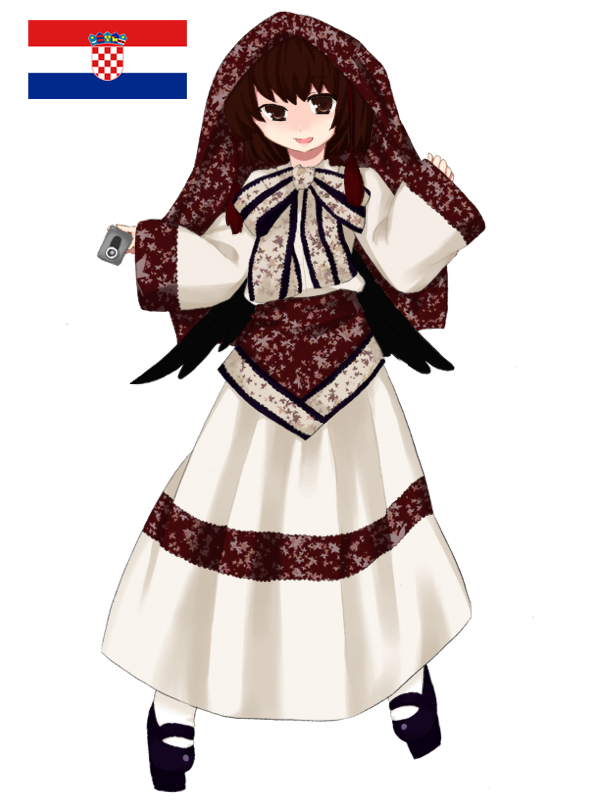 shameimaru aya, touhou, artist request, 1girl, black wings, brown eyes, brown hair, camera, croatia, female focus, geta, looking at viewer, open mouth, short hair, slavic clothes, smile, solo, tengu-geta, wings
