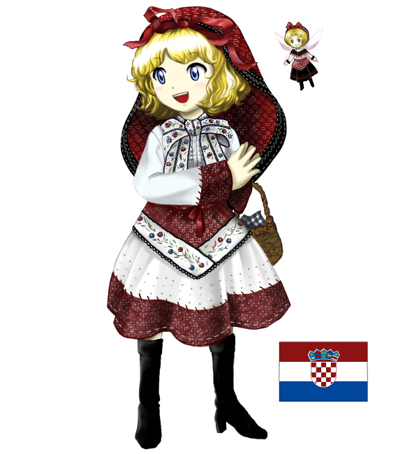 pokemizu, rokumo, medicine melancholy, su-san, touhou, 1girl, blonde hair, blue eyes, boots, croatia, female focus, official style, open mouth, parody, short hair, slavic clothes, smile, solo, style parody, zun (style)