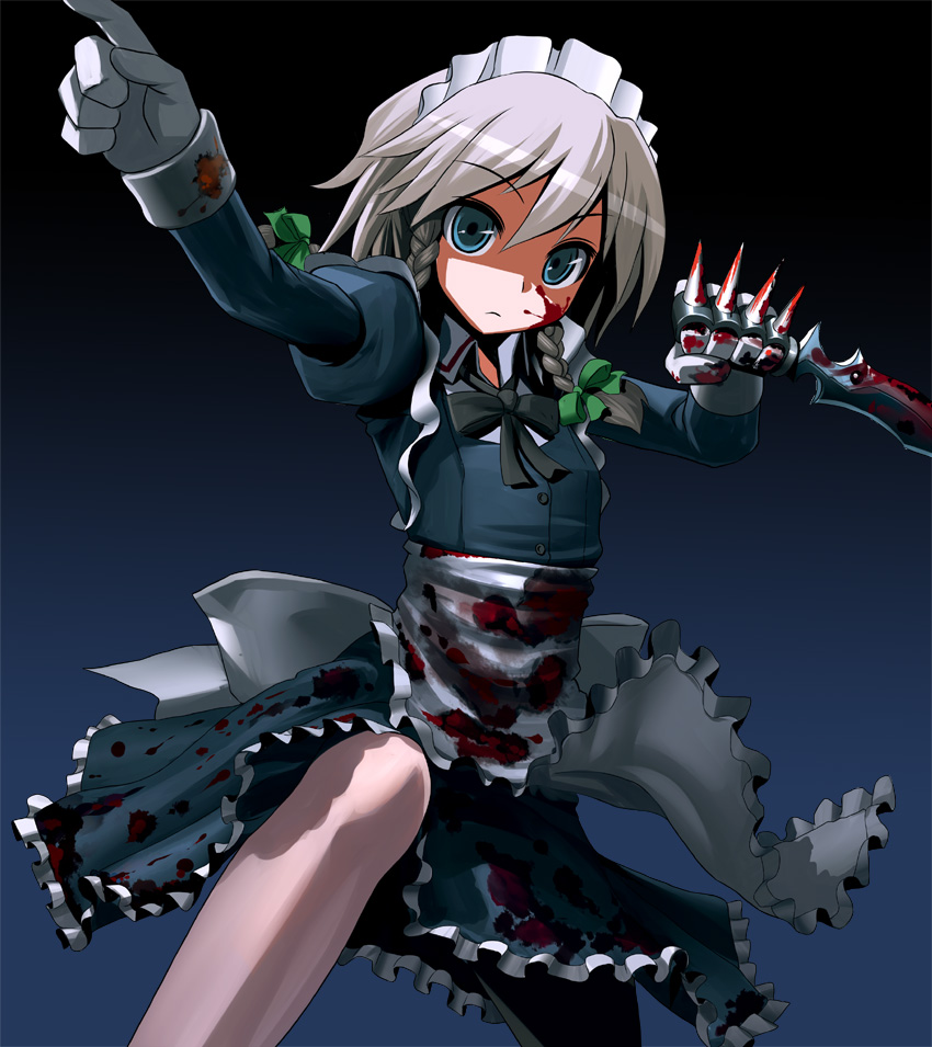 patorishia, izayoi sakuya, team shanghai alice, touhou, silver hair, 1girl, black background, blood, blue background, blue eyes, braid, brass knuckles, female focus, gloves, knife, maid, solo, spikes, throwing knife, trench knife, twin braids, weapon