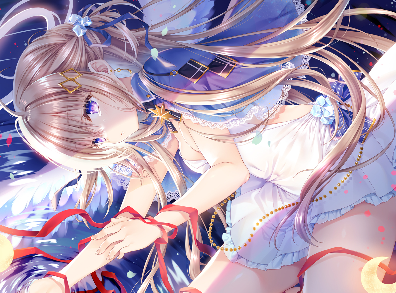 tatekawa mako, eshi 100 nin ten, original, 1girl, backless dress, backless outfit, bare arms, blue capelet, breasts, brown hair, capelet, cleavage, covered navel, crying, crying with eyes open, dress, hair ornament, half updo, lace trim, medium breasts, purple eyes, red ribbon, ribbon, short dress, sleeveless, sleeveless dress, solo, tears, white dress, wing collar, wings