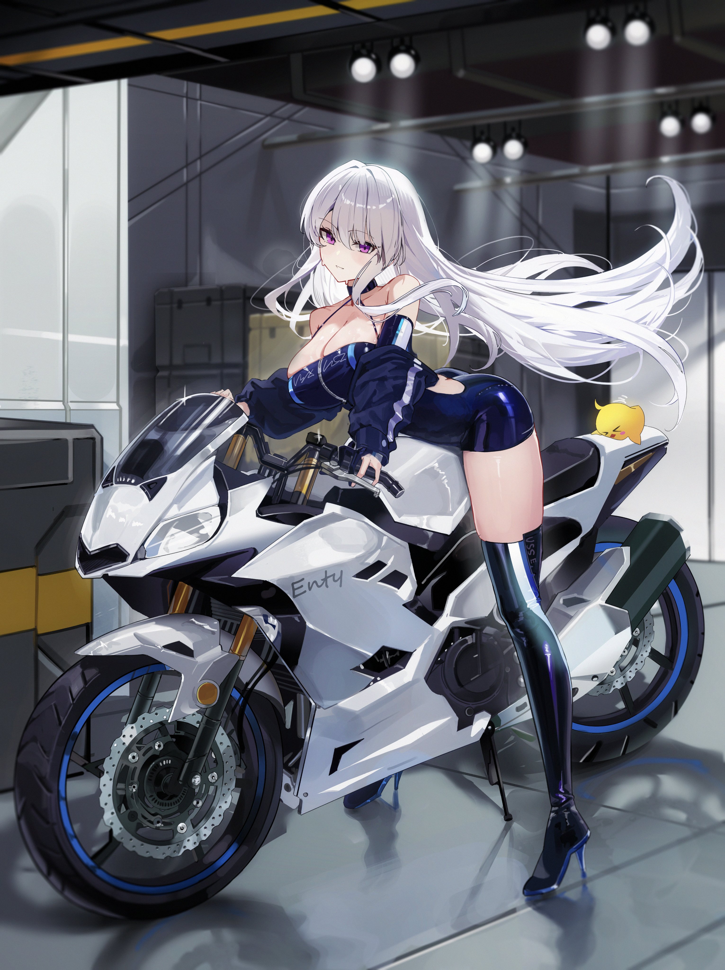 maanu, enterprise (azur lane), enterprise (wind catcher) (azur lane), manjuu (azur lane), azur lane, absurdres, highres, 1girl, baby animal, back cutout, bare shoulders, bird, black thighhighs, breasts, chick, clothing cutout, dress, halter dress, halterneck, high heels, large breasts, latex, latex dress, long hair, motor vehicle, motorcycle, official alternate costume, on motorcycle, purple eyes, race queen, solo, thighhighs, white hair, zipper dress