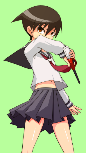 shirono, mitama mayo, sayonara zetsubou sensei, 00s, brown eyes, brown hair, lighter, midriff, school uniform, serafuku, short hair, solo