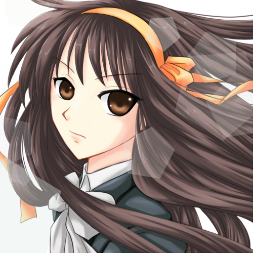 dahlia (tiamatdahlia), suzumiya haruhi, suzumiya haruhi no shoushitsu, suzumiya haruhi no yuuutsu, lowres, 00s, 10s, alternate costume, alternate hairstyle, blazer, hairband, jacket, kouyouen academy school uniform, long hair, official alternate hair length, official alternate hairstyle, ribbon, school uniform, solo