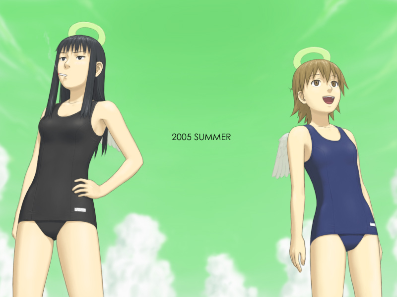 yasunon, rakka (haibane renmei), reki (haibane renmei), haibane renmei, 00s, angel wings, black eyes, black hair, black one-piece swimsuit, brown eyes, brown hair, cigarette, cloud, day, halo, long hair, one-piece swimsuit, school swimsuit, sky, smile, swimsuit, traditional halo, wings