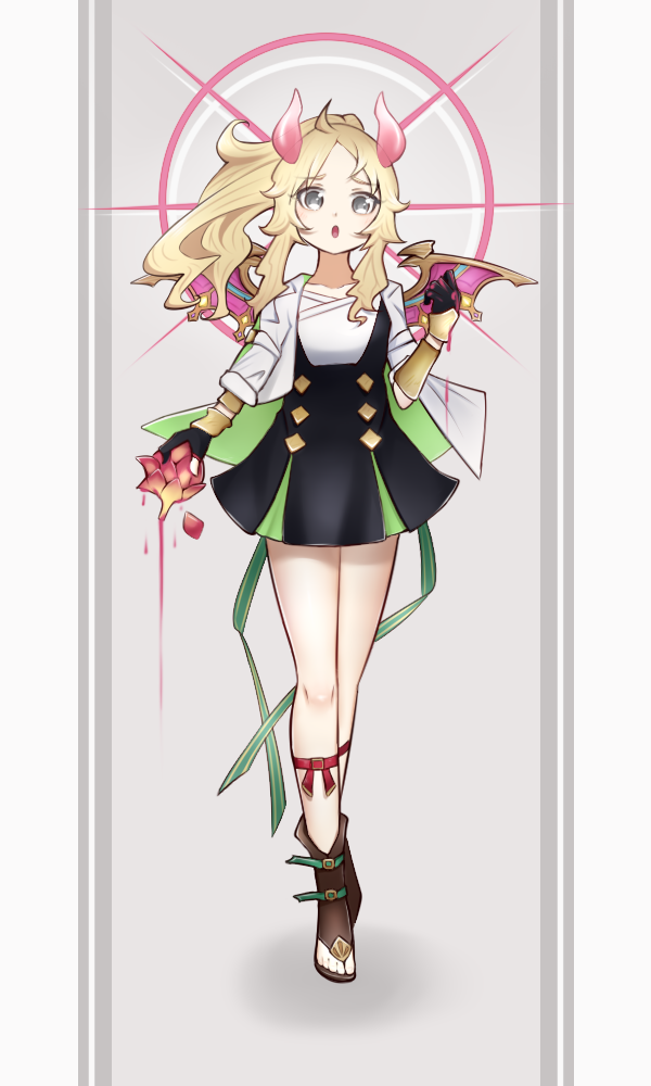 max8823777, ecclesia (yu-gi-oh!), incredible ecclesia the virtuous, yu-gi-oh!, 1girl, ahoge, black gloves, black skirt, blonde hair, blush, dragon horns, dragon wings, duel monster, food, fruit, full body, gloves, grey eyes, holding, holding food, holding fruit, horns, looking at viewer, official alternate costume, official alternate hairstyle, open mouth, ponytail, sandals, shirt, skirt, solo, white shirt, wings