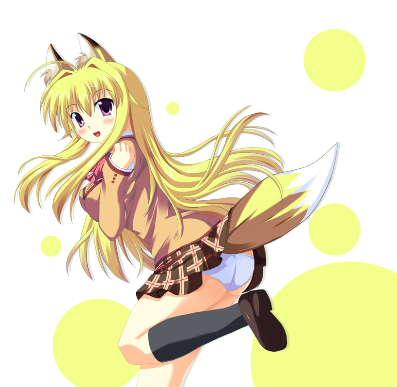 odaya, odayan, minamoto chizuru, kanokon, 00s, 1girl, animal ears, female focus, fox ears, kneehighs, panties, plaid clothes, plaid skirt, school uniform, serafuku, skirt, socks, solo, tail, underwear