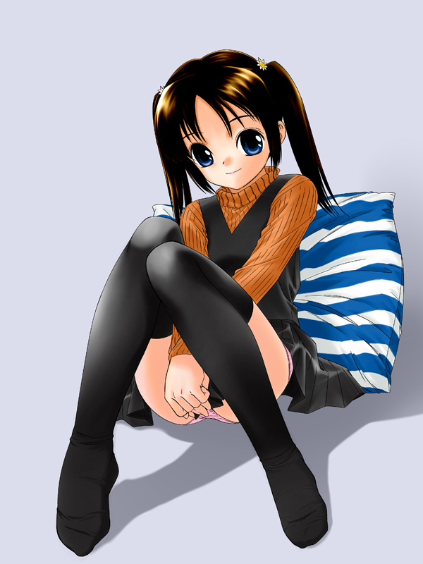 kotomi youji, original, striped, 1girl, black hair, black thighhighs, blue eyes, blush, female focus, full body, long hair, looking at viewer, pillow, solo, thighhighs, twintails