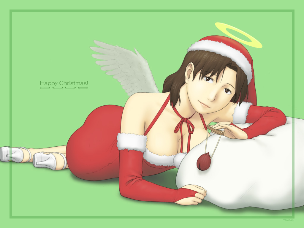 yasunon, nemu (haibane renmei), haibane renmei, 00s, 1girl, angel wings, bag, bare shoulders, breasts, brown eyes, brown hair, christmas, cleavage, dress, elbow gloves, female focus, gloves, halo, hat, high heels, long hair, red gloves, sack, santa costume, santa hat, shoes, solo, traditional halo, wings