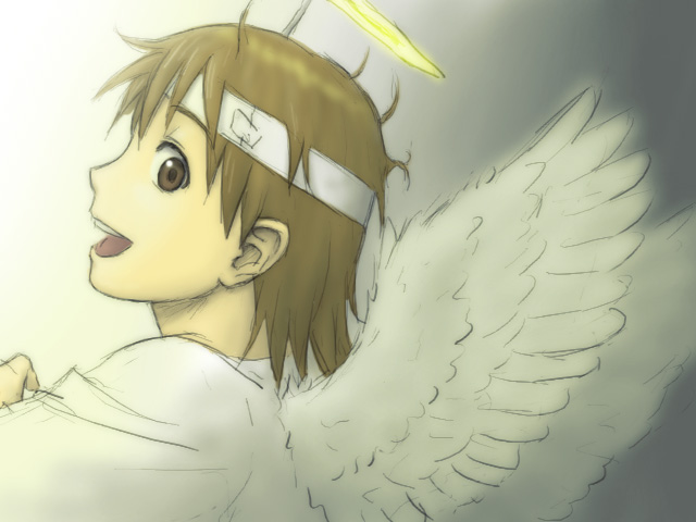 yasunon, rakka (haibane renmei), haibane renmei, 00s, angel wings, brown eyes, brown hair, halo, looking back, messy hair, short hair, smile, solo, static cling, traditional halo, wings