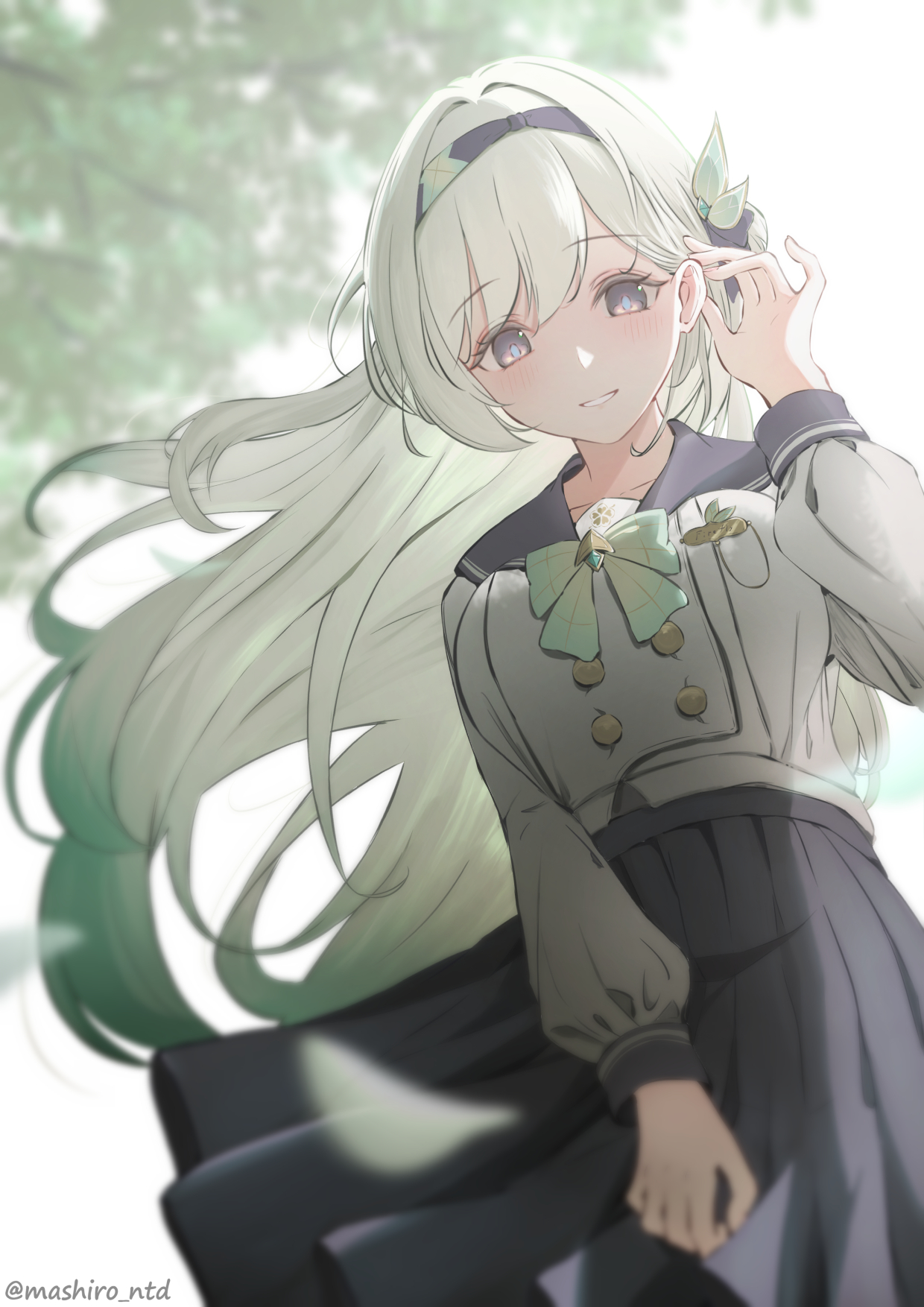 mashiro (user 65392488), firefly (honkai: star rail), firefly (spring missive) (honkai: star rail), honkai: star rail, honkai (series), highres, 1girl, black skirt, blush, bow, breasts, collarbone, gradient hair, green bow, green hair, grey hair, hair between eyes, hair intakes, hair ornament, long hair, looking at viewer, medium breasts, multicolored hair, official alternate costume, parted lips, pink eyes, plaid bow, pleated skirt, school uniform, serafuku, skirt, smile, solo
