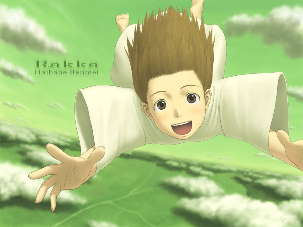 yasunon, rakka (haibane renmei), haibane renmei, 00s, brown eyes, brown hair, cloud, day, dress, falling, sky, smile, solo