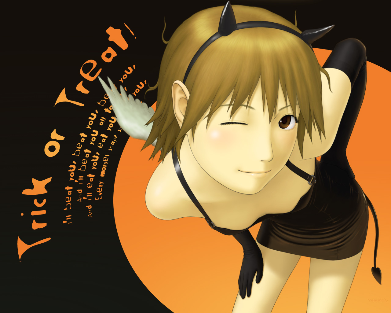 yasunon, rakka (haibane renmei), haibane renmei, 00s, 1girl, angel wings, bare shoulders, bent over, brown eyes, brown hair, demon tail, downblouse, dress, elbow gloves, female focus, foreshortening, gloves, hairband, halloween, horns, leaning forward, messy hair, one eye closed, short hair, solo, tail, trick or treat, wings, wink