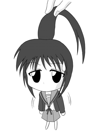 hokahoka niisan, hokahokaniisan, kyonko, suzumiya haruhi no yuuutsu, 00s, 1girl, cardigan, chibi, female focus, genderswap, genderswap (mtf), greyscale, monochrome, ponytail, school uniform, serafuku, solo, sweatdrop