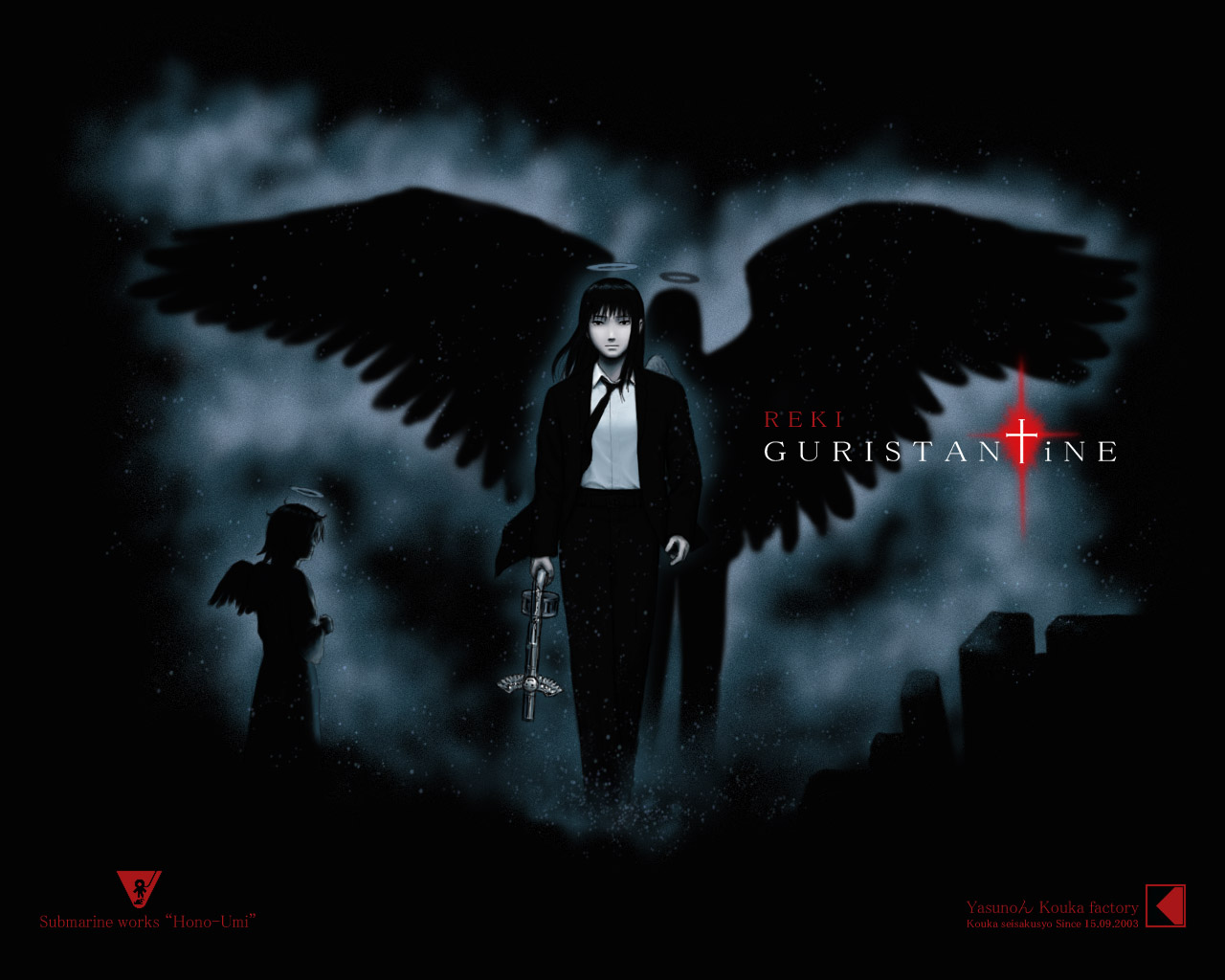 yasunon, rakka (haibane renmei), reki (haibane renmei), constantine (series), haibane renmei, 2girls, angel wings, black hair, dark, different shadow, formal clothes, gun, halo, handgun, long hair, multiple girls, necktie, night, pant suit, pants, parody, pistol, reki guristantine, revolver, silhouette, star (symbol), suit, walking, weapon, wings