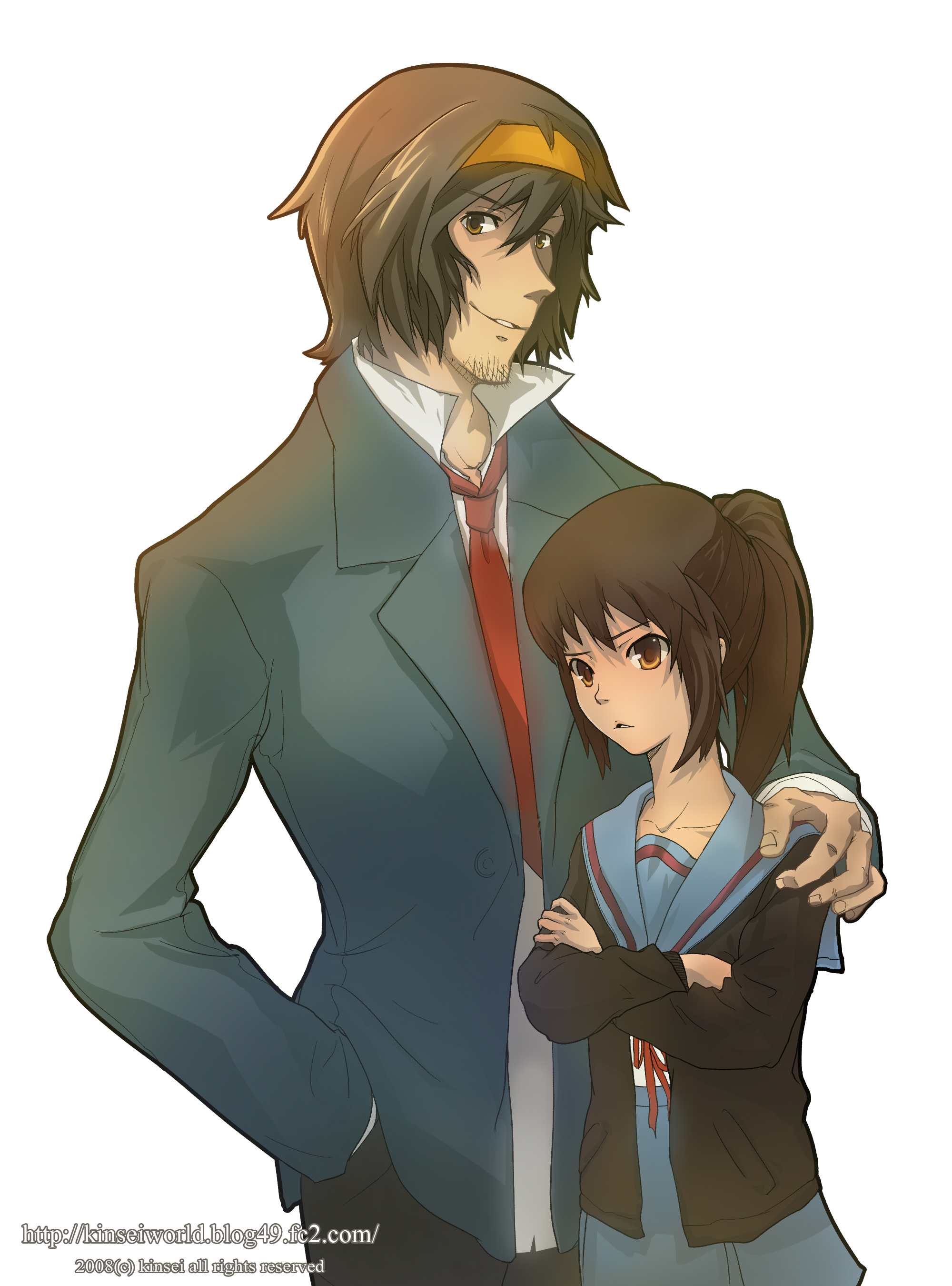 shuuki (kinsei), kyonko, suzumiya haruhi, suzumiya haruhiko, suzumiya haruhi no yuuutsu, suzumiya haruhiko no yuuutsu, absurdres, highres, 00s, 1boy, 1girl, beard, cardigan, facial hair, genderswap, genderswap (ftm), genderswap (mtf), hairband, manly, ponytail, school uniform, serafuku