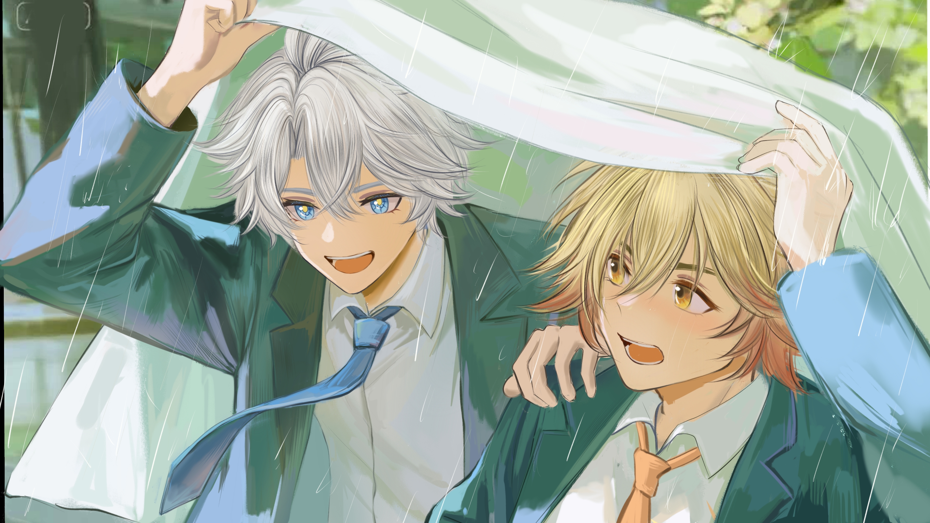 mydei (honkai: star rail), phainon (honkai: star rail), honkai: star rail, honkai (series), absurdres, chinese commentary, commentary request, highres, 2boys, alternate costume, antenna hair, blazer, blonde hair, blue eyes, blue jacket, blue necktie, blush, collared shirt, contemporary, gradient hair, hand on another's shoulder, improvised umbrella, jacket, male focus, multicolored hair, multiple boys, necktie, open clothes, open jacket, orange necktie, parted bangs, rain, red hair, school uniform, shared umbrella, shirt, short hair, umbrella, white hair, white shirt, wulingshenchejiukuaijiubaoyouqiang, yellow eyes