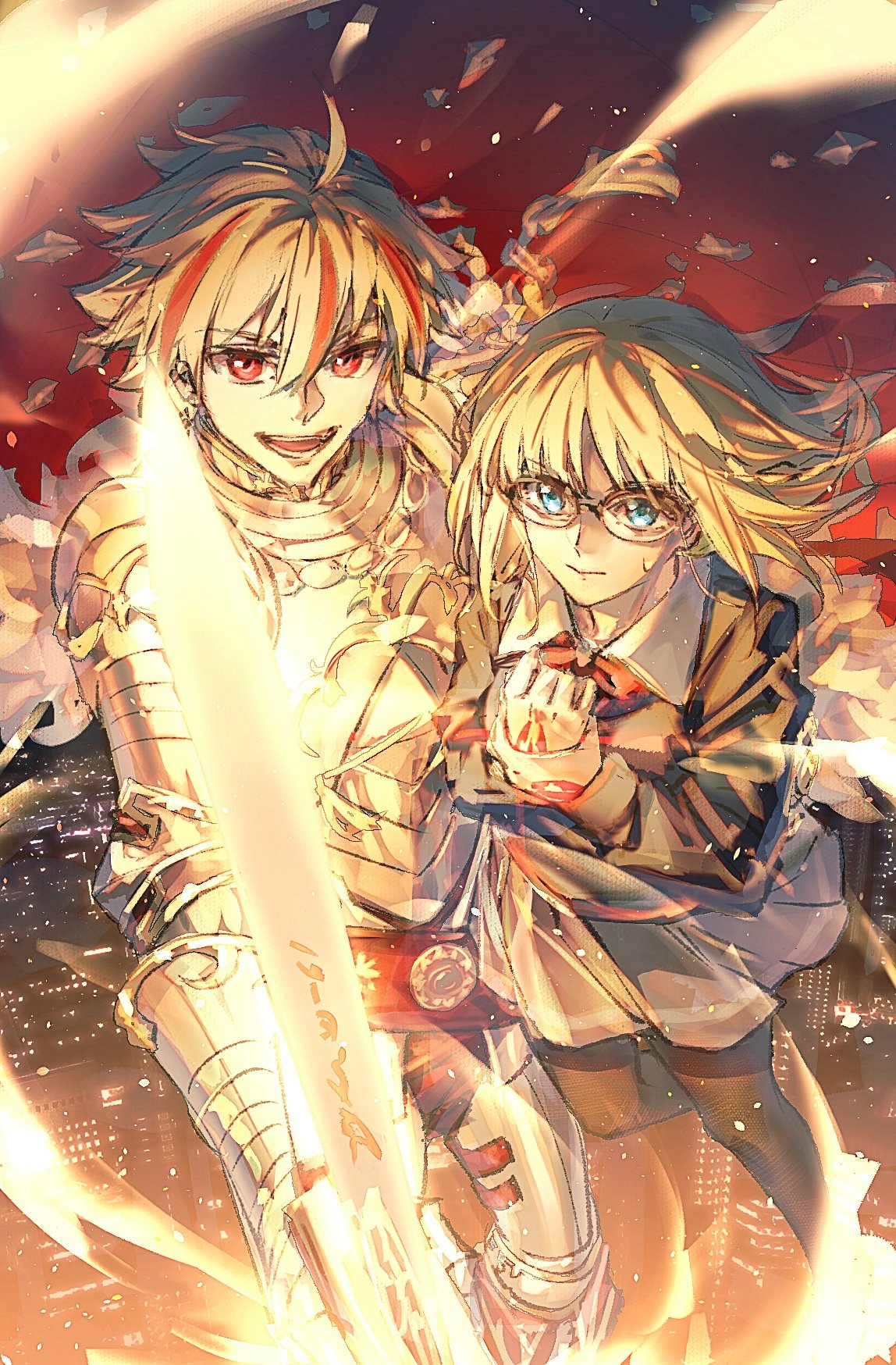 machikokom43502, richard i (fate), sajou ayaka (fate/strange fake), fate/strange fake, fate (series), highres, 1boy, 1girl, ahoge, armor, blonde hair, blue eyes, braid, braided ponytail, cape, command spell, glasses, holding, holding sword, holding weapon, long hair, long sleeves, looking at viewer, medium hair, multicolored hair, open mouth, pantyhose, red cape, red eyes, red hair, shirt, skirt, smile, streaked hair, sweatdrop, sword, weapon