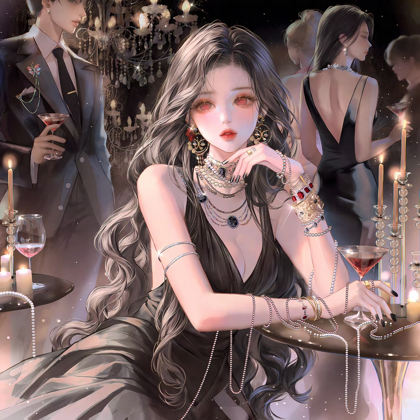 xixizi, original, highres, large variant set, variant set, 1girl, alcohol, bare shoulders, beads, black dress, black hair, black nails, bracelet, breasts, candle, chandelier, cleavage, cup, dress, drinking glass, earrings, formal clothes, holding, jewelry, long hair, looking at viewer, medium breasts, mole, multiple boys, multiple girls, nail polish, necklace, necktie, parted lips, red eyes, ring, sitting, solo focus, suit, table, wavy hair, wine glass