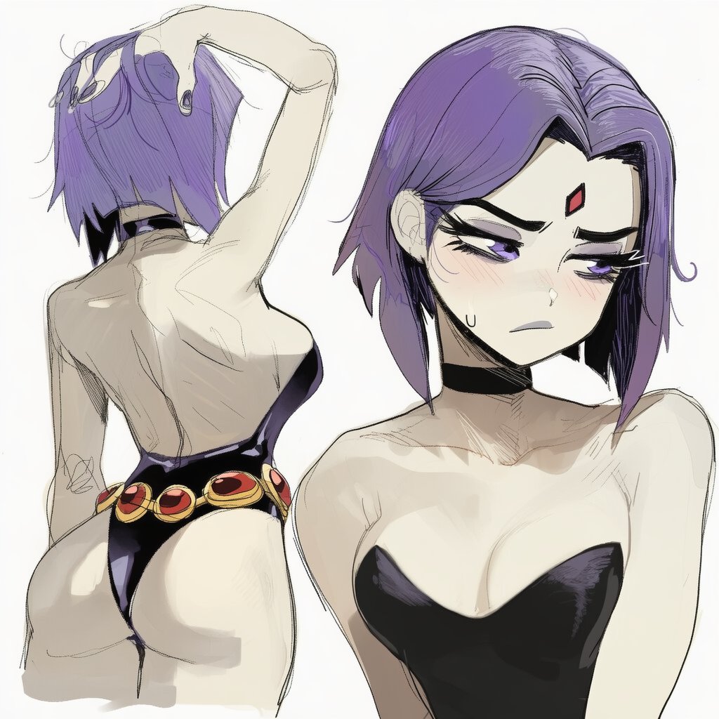 lapis slopzuli, raven (dc), dc comics, teen titans, 1girl, ass, bare shoulders, black choker, black leotard, blush, breasts, choker, cleavage, collarbone, grey background, leotard, medium breasts, multiple views, purple eyes, purple hair, short hair, sideboob, simple background, solo
