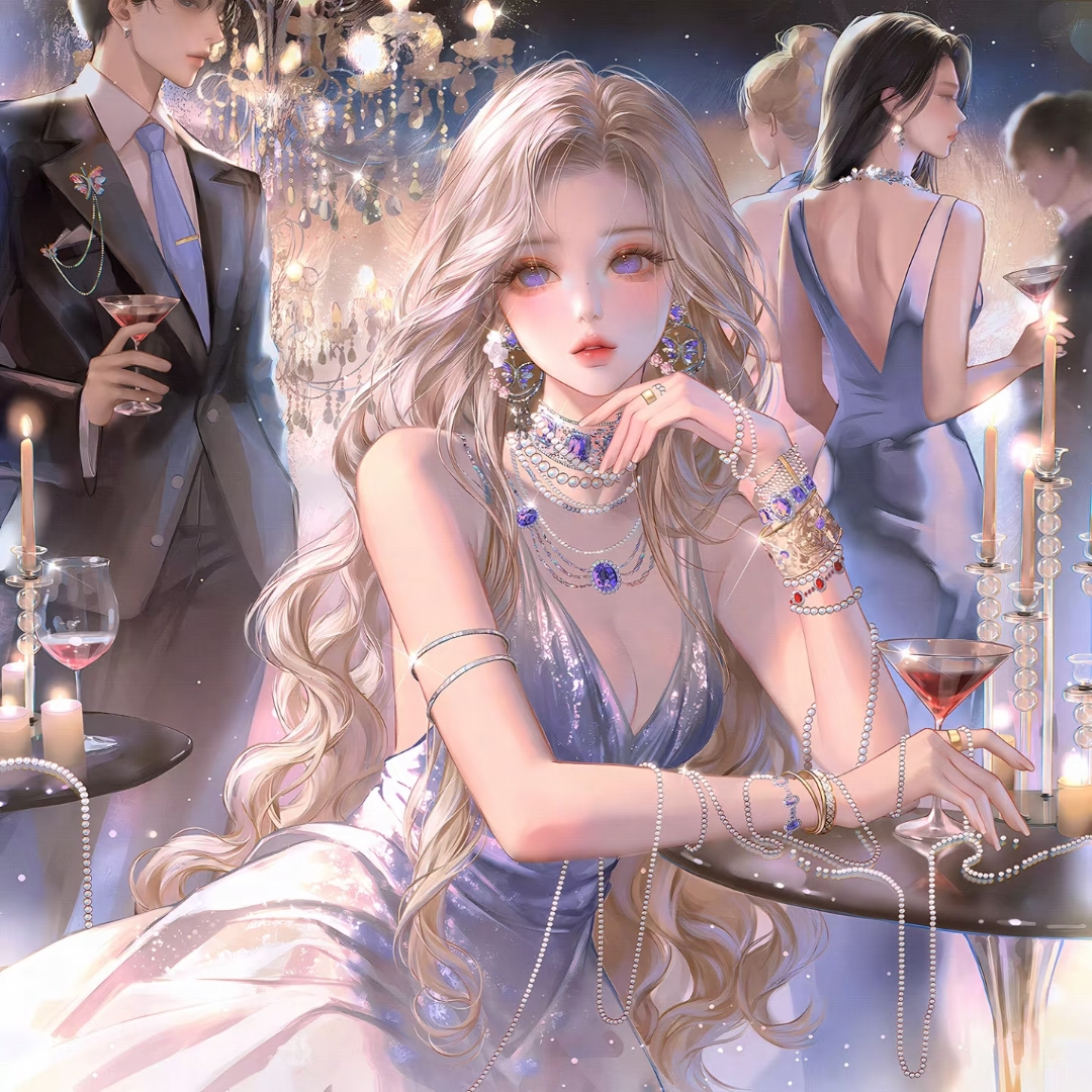 xixizi, original, large variant set, variant set, 1boy, 3girls, alcohol, armlet, bare shoulders, beads, black hair, black jacket, blonde hair, blue dress, blue eyes, bracelet, breasts, candle, chandelier, cleavage, closed eyes, cup, dress, drinking glass, earrings, formal clothes, gem, glint, holding, holding cup, indoors, jacket, jewelry, long hair, looking at viewer, medium breasts, multiple girls, necklace, necktie, parted lips, purple eyes, ring, sitting, sleeveless, sleeveless dress, solo focus, suit, table, wavy hair, wine glass
