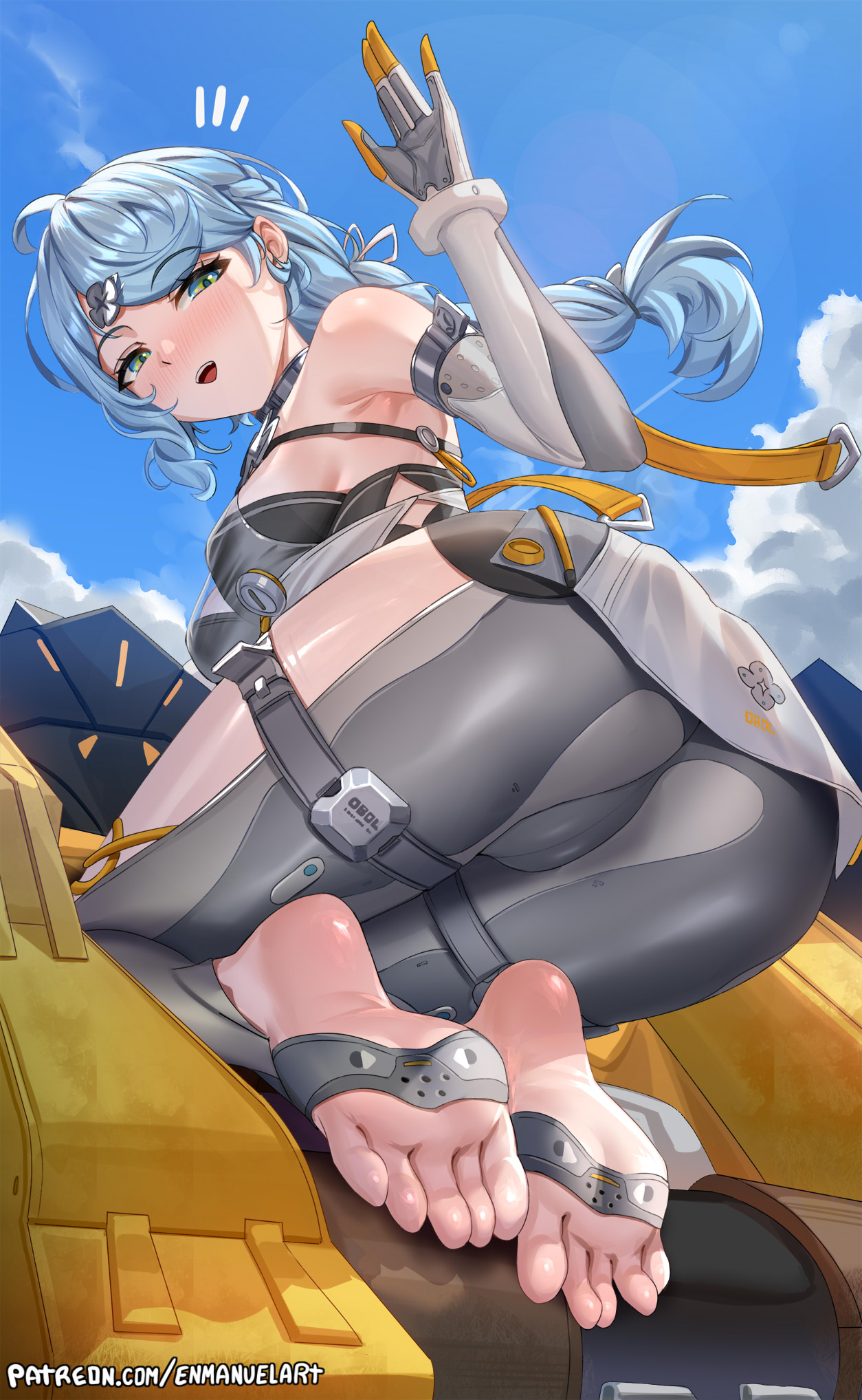 enma (enmanuelart), seed (zenless zone zero), zenless zone zero, highres, 1girl, barefoot, blue hair, blush, feet, green eyes, long hair, looking back, open mouth, soles, stirrup legwear, toeless legwear, toes