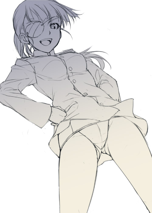 mizuki makoto, sakamoto mio, strike witches, world witches series, 00s, 1girl, eyepatch, female focus, monochrome, panties, simple background, smile, solo, swimsuit, underwear