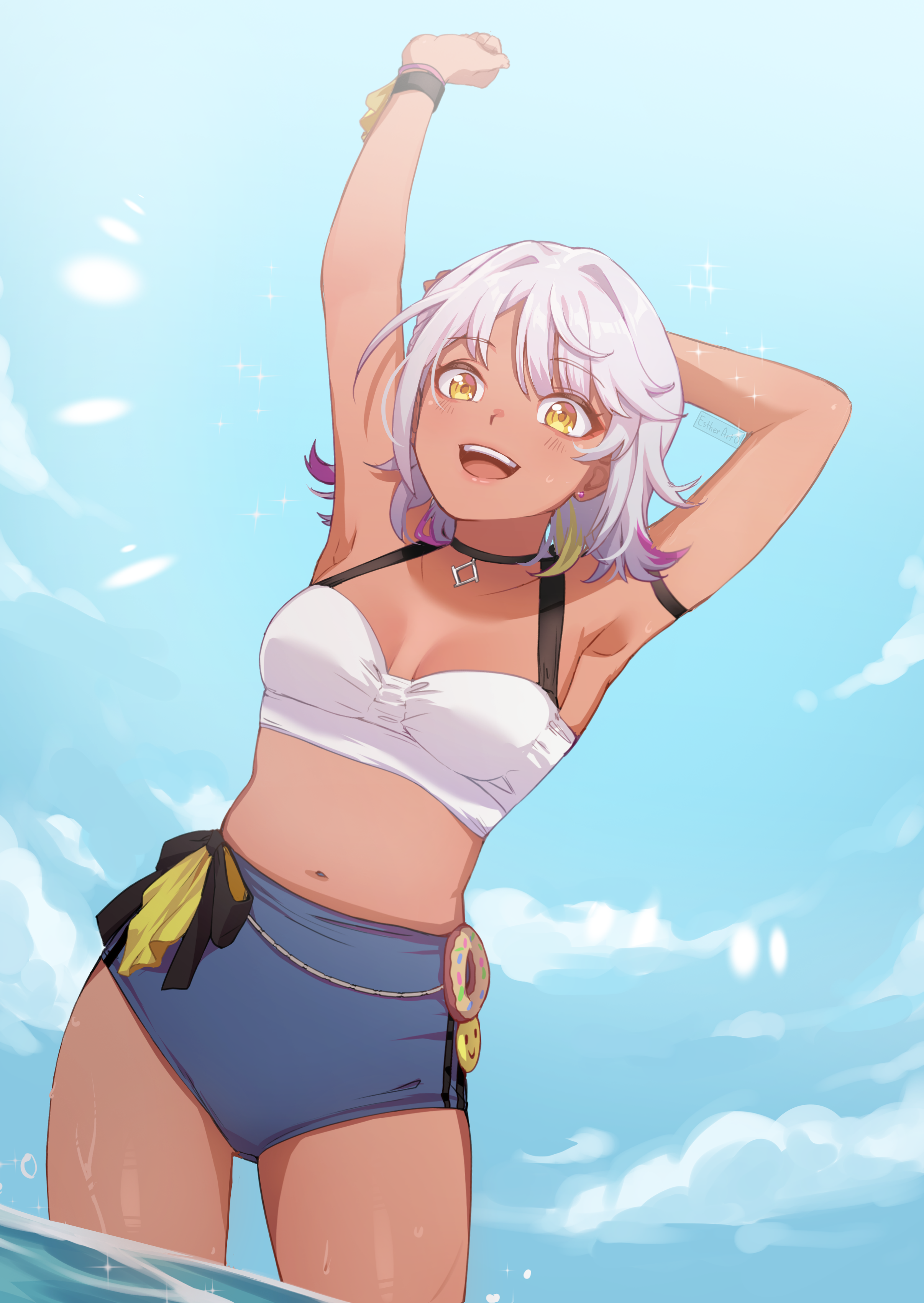 estherart0, carole peppers, honkai (series), honkai impact 3rd, absurdres, commentary, highres, 1girl, armpits, arms up, bikini, blue buruma, blue sky, breasts, buruma, dark-skinned female, dark skin, medium breasts, midriff, navel, ocean, open mouth, outdoors, short hair, sky, smile, solo, swimsuit, teeth, thighs, upper teeth only, white bikini, white hair, yellow eyes