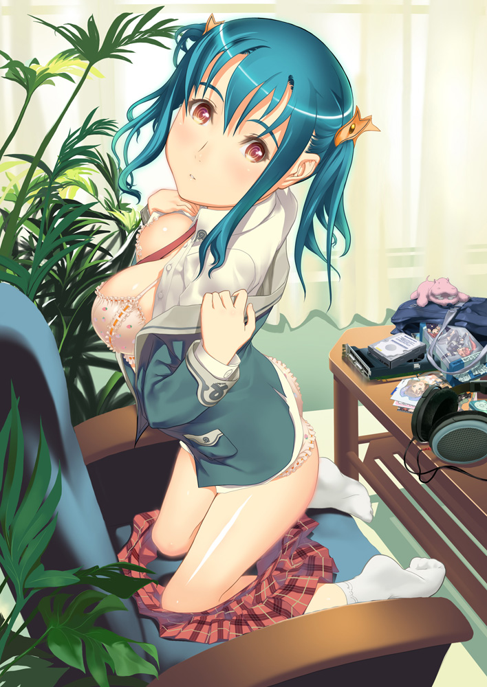 suzuki mei, original, aqua hair, bra, headphones, kneeling, lingerie, necktie, panties, red eyes, solo, twintails, underwear, undressing