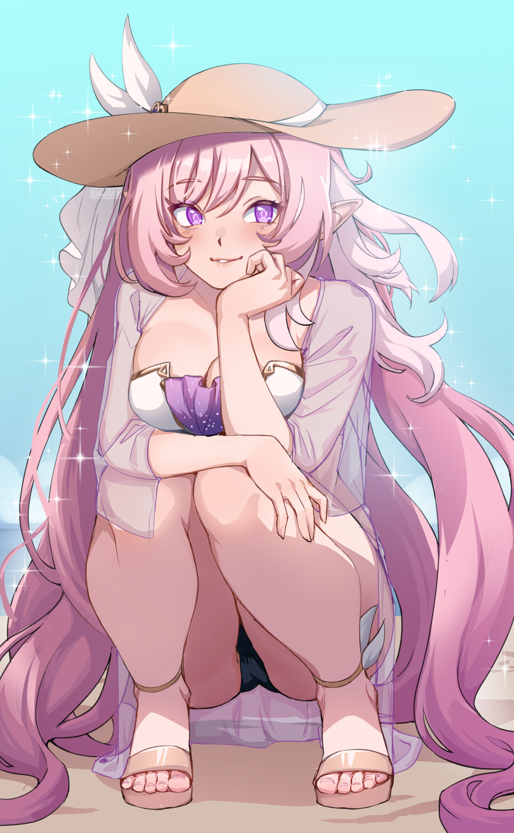 estherart0, elysia (herrscher of human: ego) (honkai impact), elysia (honkai impact), honkai (series), honkai impact 3rd, absurdres, commentary, english commentary, highres, 1girl, beach, black panties, blue sky, breasts, cleavage, diamond-shaped pupils, diamond (shape), elf, feet, hair between eyes, hand on own cheek, hand on own face, hat, knees together feet apart, large breasts, legs, long hair, looking at viewer, nail polish, open mouth, panties, pink hair, pink pupils, pointy ears, sand, sandals, see-through clothes, see-through sleeves, shirt, sky, smile, solo, squatting, sun hat, symbol-shaped pupils, toenail polish, toenails, toes, underwear, veil, very long hair, white shirt, white veil