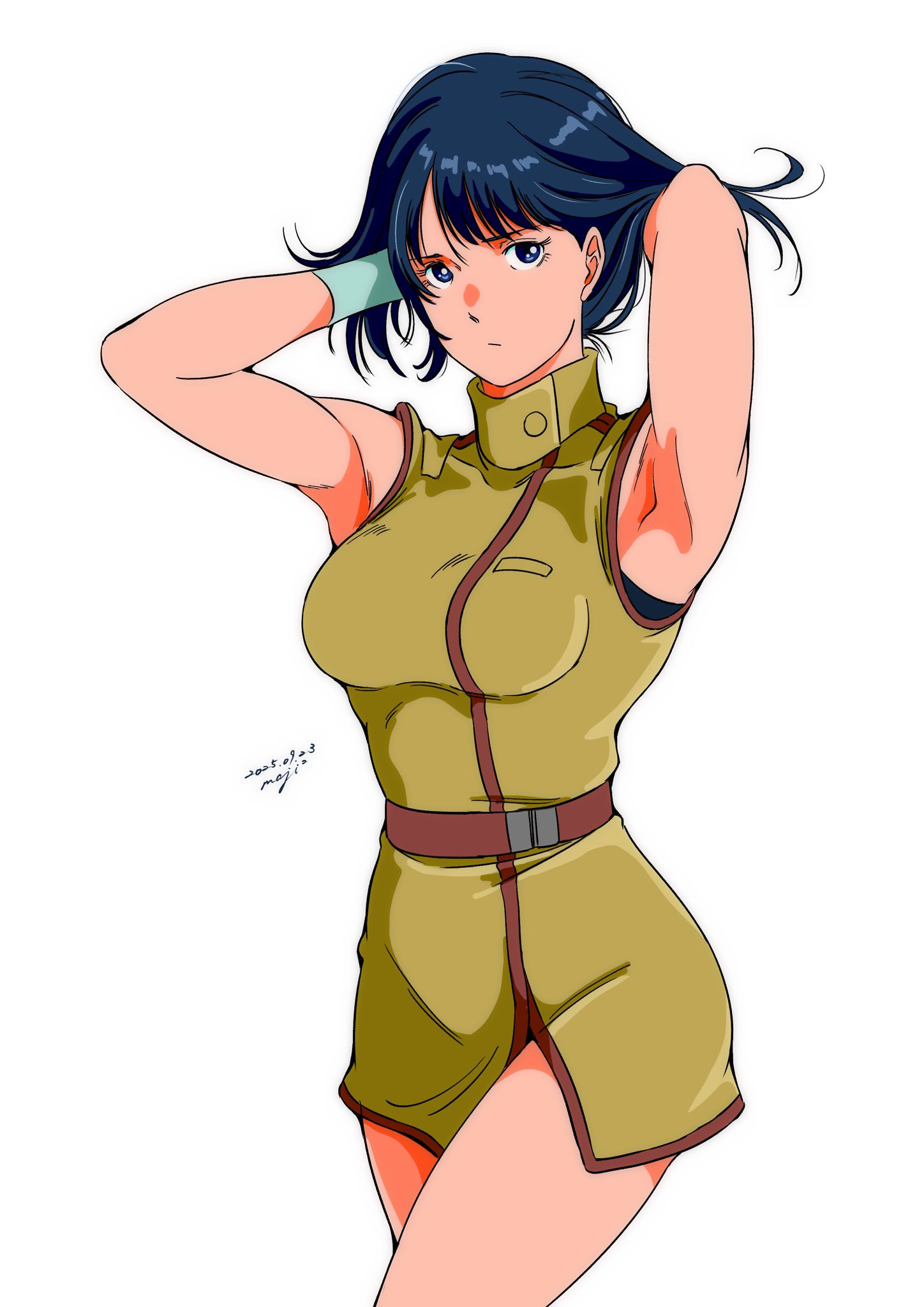 pgmajimaji, fa yuiry, gundam, zeta gundam, highres, 1girl, aeug, belt, black hair, blue eyes, breasts, closed mouth, dress, gloves, grabbing own hair, hair lift, holding, holding own hair, long hair, looking at viewer, military uniform, science fiction, simple background, sleeveless, solo, thighhighs, upper body, white background, white gloves