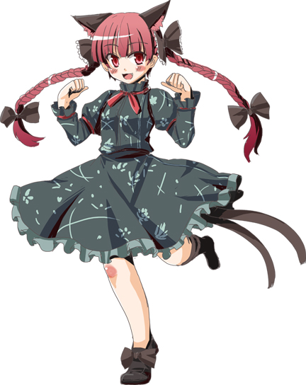 nekonote (nekono paraiso), kaenbyou rin, touhou, 1girl, animal ears, braid, cat ears, cat girl, female focus, simple background, solo