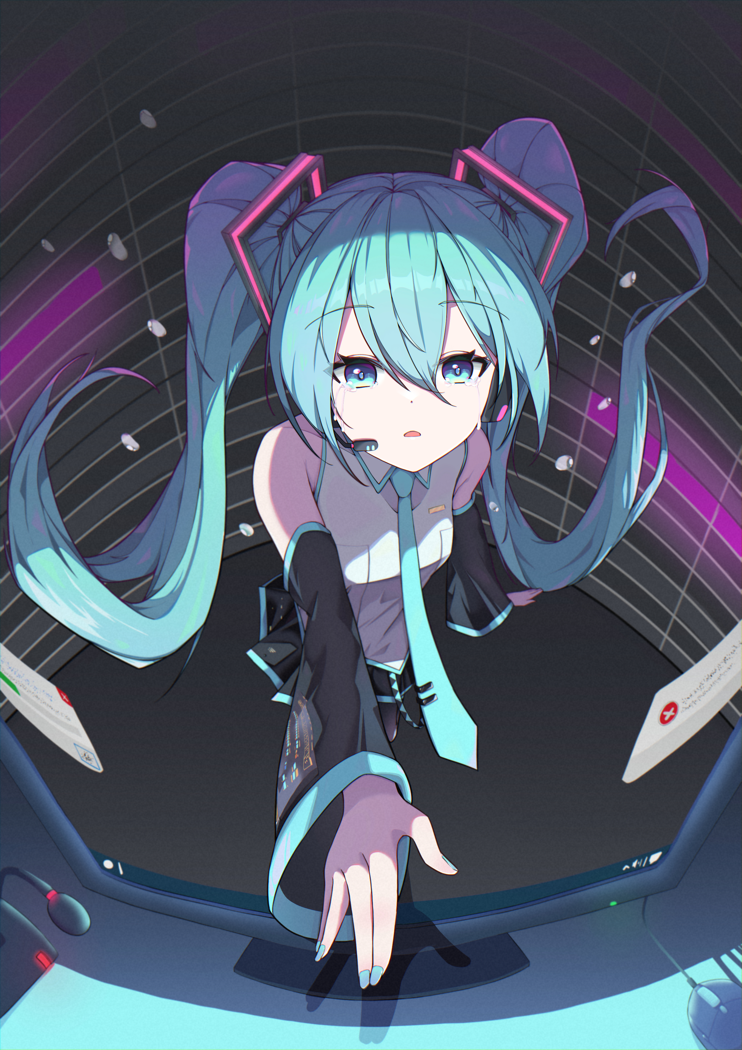 hatsune miku, vocaloid, absurdres, highres, 1girl, ao seri, aqua eyes, aqua hair, aqua nails, aqua necktie, aqua trim, black skirt, breasts, collared shirt, detached sleeves, grey shirt, hair between eyes, hair ornament, headset, long hair, long sleeves, looking at viewer, medium breasts, necktie, open mouth, pleated skirt, shirt, skirt, sleeveless, sleeveless shirt, solo, twintails, very long hair, wide sleeves