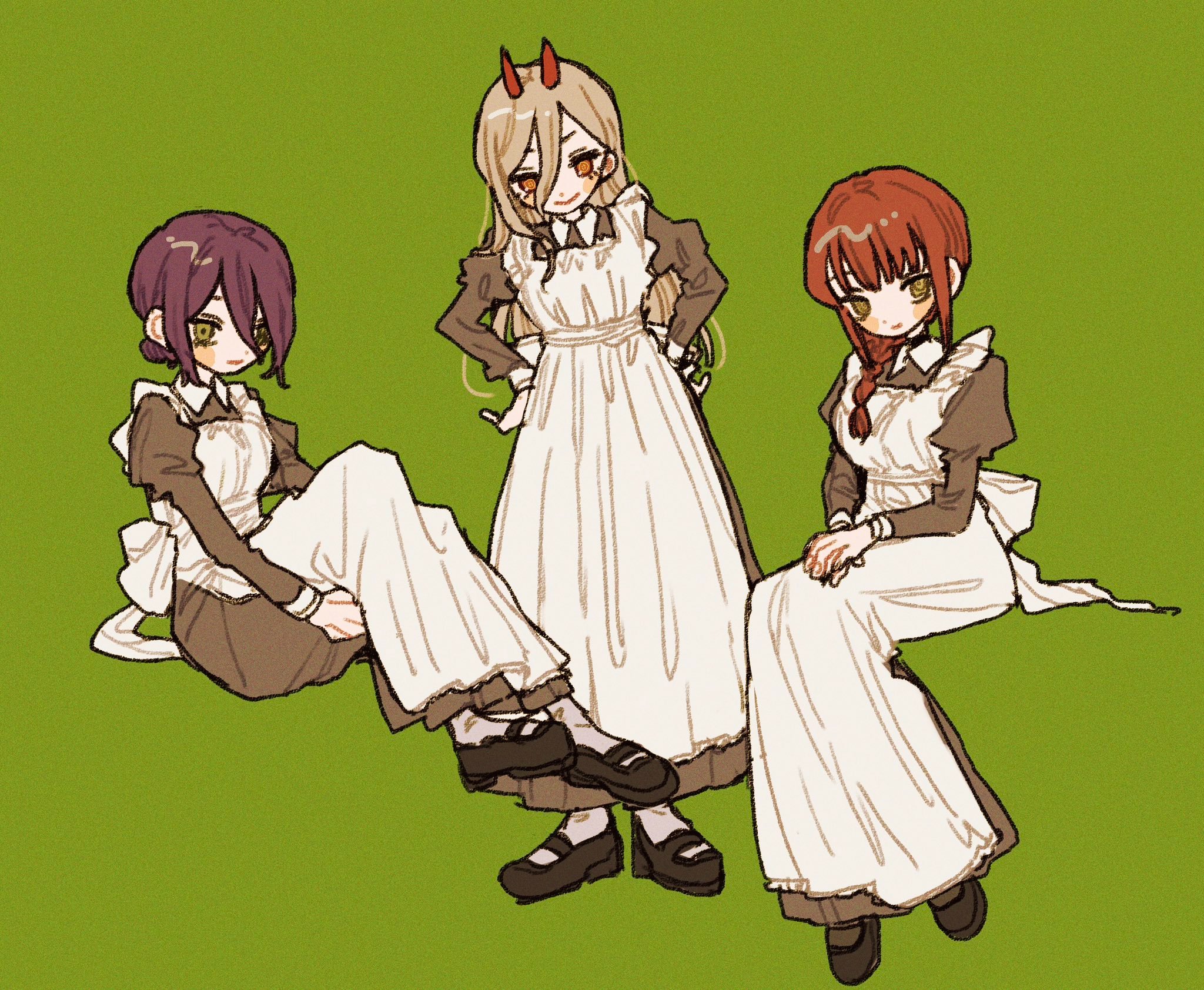gohanysu, makima (chainsaw man), power (chainsaw man), reze (chainsaw man), chainsaw man, commentary, highres, 3girls, alternate costume, apron, blonde hair, blush stickers, braid, brown dress, brown eyes, closed mouth, dress, enmaided, green background, hair between eyes, hands on own hips, horns, invisible chair, juliet sleeves, long sleeves, looking at viewer, maid, mary janes, multiple girls, own hands together, puffy sleeves, purple hair, red eyes, red hair, red horns, ringed eyes, shoes, simple background, single braid, sitting, white apron, yellow eyes