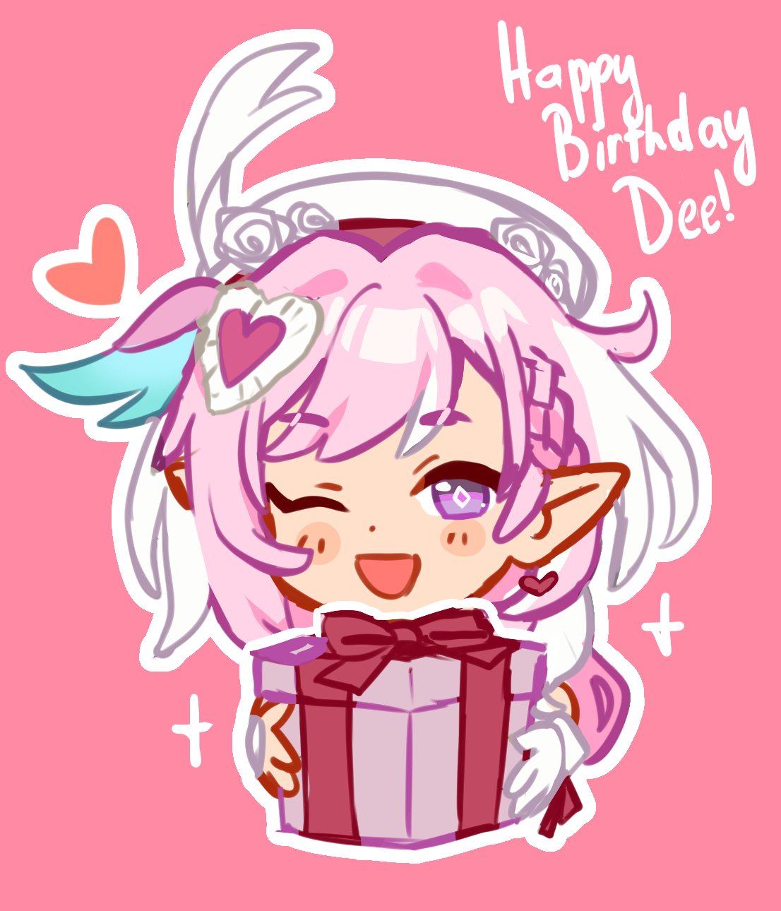 estherart0, elysia (hi love elf) (honkai impact), elysia (honkai impact), honkai (series), honkai impact 3rd, commentary, english commentary, highres, 1girl, ;o, beret, box, chibi, chibi only, diamond-shaped pupils, diamond (shape), earrings, elf, gift, gift box, gloves, happy birthday, hat, heart, heart earrings, holding, holding gift, jewelry, long hair, one eye closed, pink background, pink hair, pointy ears, purple eyes, smile, solo, symbol-shaped pupils, white gloves, white hair