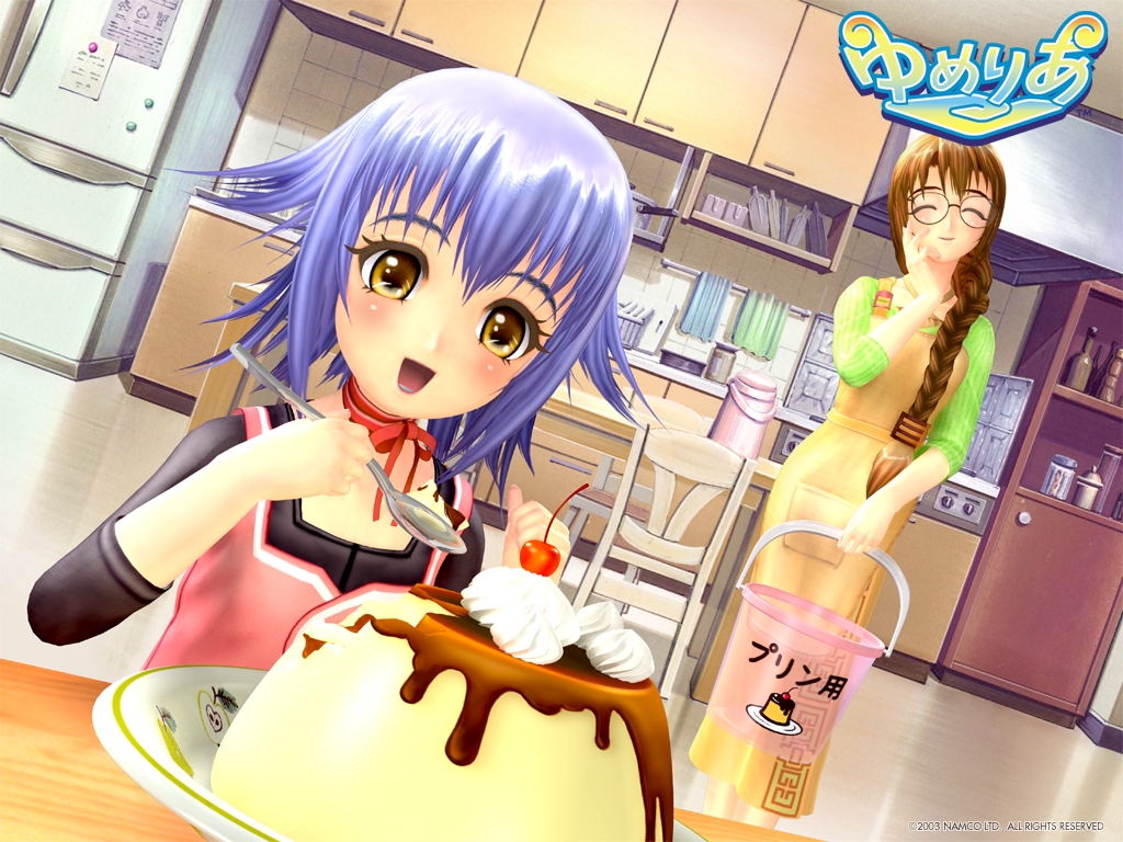 mone, senjou nanase, yumeria, official art, official wallpaper, 00s, 2girls, 3d, :d, ^ ^, black-framed eyewear, blue hair, blush, bottle, braid, brown eyes, brown hair, cabinet, chair, cherry, closed eyes, company name, dutch angle, eyelashes, food, fruit, glasses, hair over shoulder, hand on own cheek, hand on own face, head tilt, holding, holding spoon, indoors, jar, kitchen, logo, multiple girls, neck ribbon, open mouth, overalls, oversized object, pudding, refrigerator, ribbon, single braid, smile, spoon, stove, sweater, table, towel, watermark, whipped cream, yellow eyes