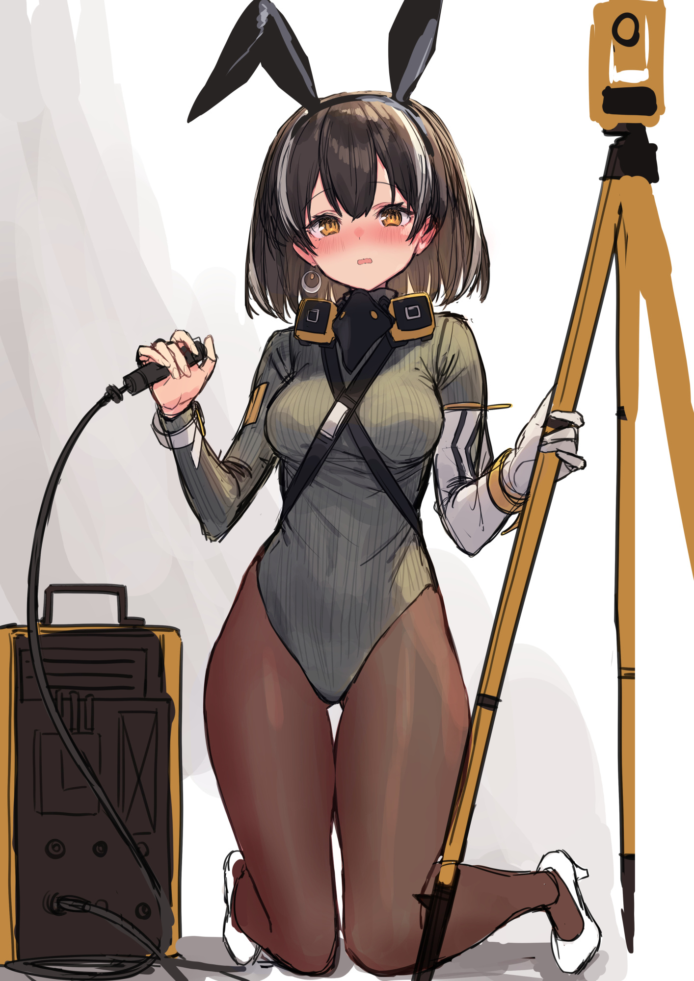 sigm@, magallan (arknights), arknights, commentary request, highres, 1girl, adapted costume, animal ears, bird mask, black pantyhose, blush, breasts, brown hair, camera, earrings, fake animal ears, gloves, hair between eyes, high heels, jewelry, kneeling, mask, mask around neck, medium breasts, medium hair, multicolored hair, open mouth, pantyhose, rabbit ears, shoes, single earring, single glove, solo, streaked hair, tripod, two-tone hair, white background, white gloves, white hair, white shoes, yellow eyes