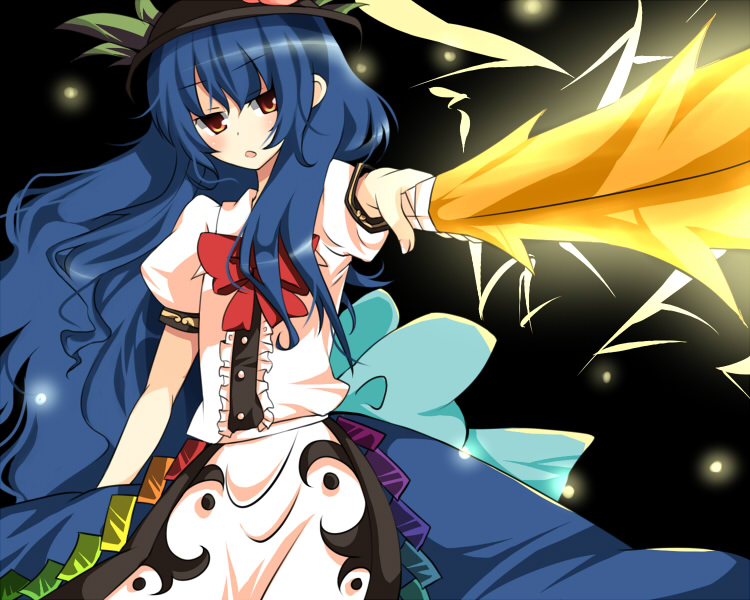 umi (umi02), hinanawi tenshi, touhou, 1girl, apron, blue hair, female focus, hat, leaf, open mouth, red eyes, solo, sword, sword of hisou, weapon