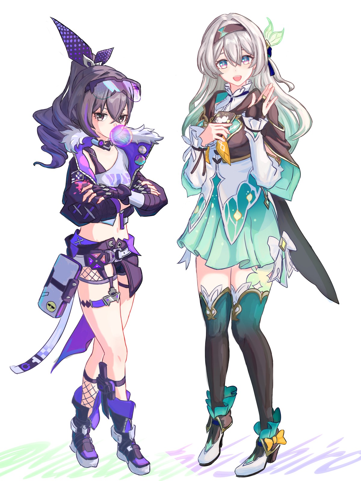 firefly (honkai: star rail), silver wolf (honkai: star rail), honkai: star rail, honkai (series), highres, 2girls, black hairband, blowing bubble gum, blush, boots, breasts, bridal gauntlets, chewing gum, crossed arms, dress, fingerless gloves, full body, gloves, gradient hair, green dress, green hair, green thighhighs, grey hair, hair between eyes, hair ornament, hairband, hand on own chest, high heels, jacket, kani (mabatakishiro), long hair, long sleeves, looking at viewer, medium breasts, midriff, multicolored hair, multiple girls, navel, neckerchief, open mouth, orange neckerchief, pink eyes, ponytail, pumps, purple boots, purple eyes, purple gloves, purple hair, purple jacket, shirt, short shorts, shorts, simple background, smile, thighhighs, white background, white shirt