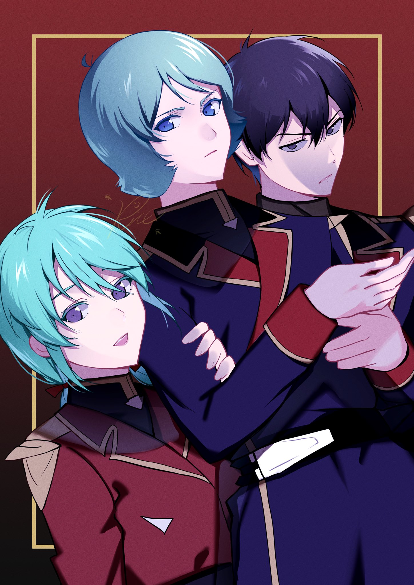 gyunei guss, kamille bidan, quess paraya, char's counterattack, gundam, super robot wars, super robot wars y, zeta gundam, highres, 1girl, 2boys, alternate universe, belt, black belt, black eyes, black hair, blue eyes, blue hair, braid, closed eyes, closed mouth, epaulettes, green hair, looking at viewer, military uniform, multiple boys, neo zeon, open mouth, rice mark6, science fiction, smile, twin braids, upper body