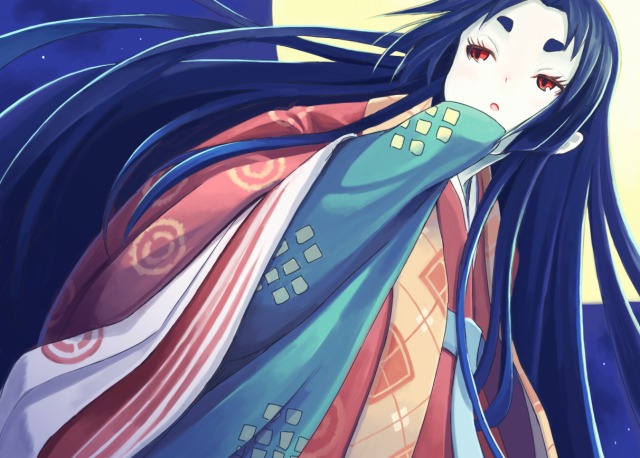 fuyu no kareha, 1girl, blue hair, facial mark, female focus, forehead mark, heian, japanese clothes, karaginu mo, kimono, layered clothes, layered kimono, long hair, red eyes, solo, very long hair