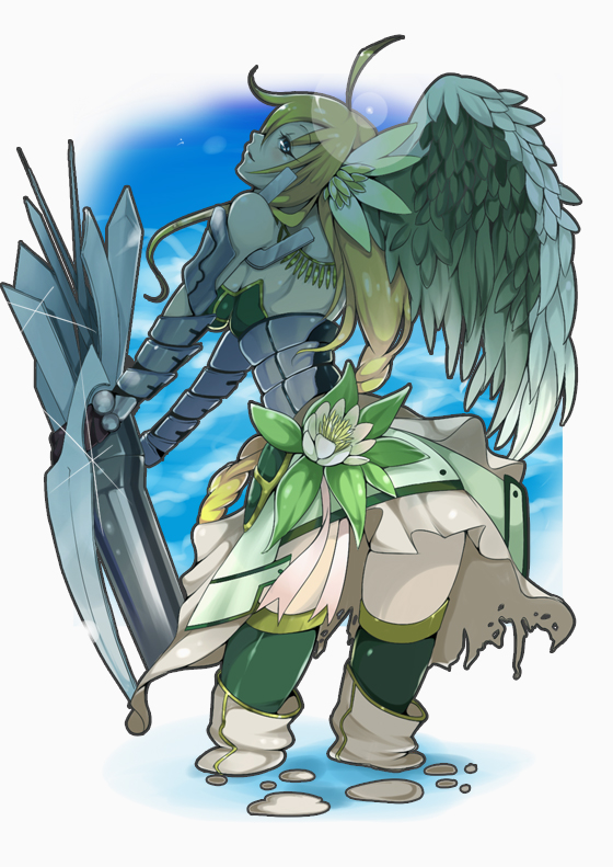 akishima kei, original, 1girl, ahoge, amputee, angel wings, armor, armored dress, blonde hair, braid, dress, fantasy, female focus, flower, from behind, head wings, legless amputee, light blush, light smile, long hair, looking at viewer, looking back, single braid, solo, thighhighs, very long hair, white flower, wings