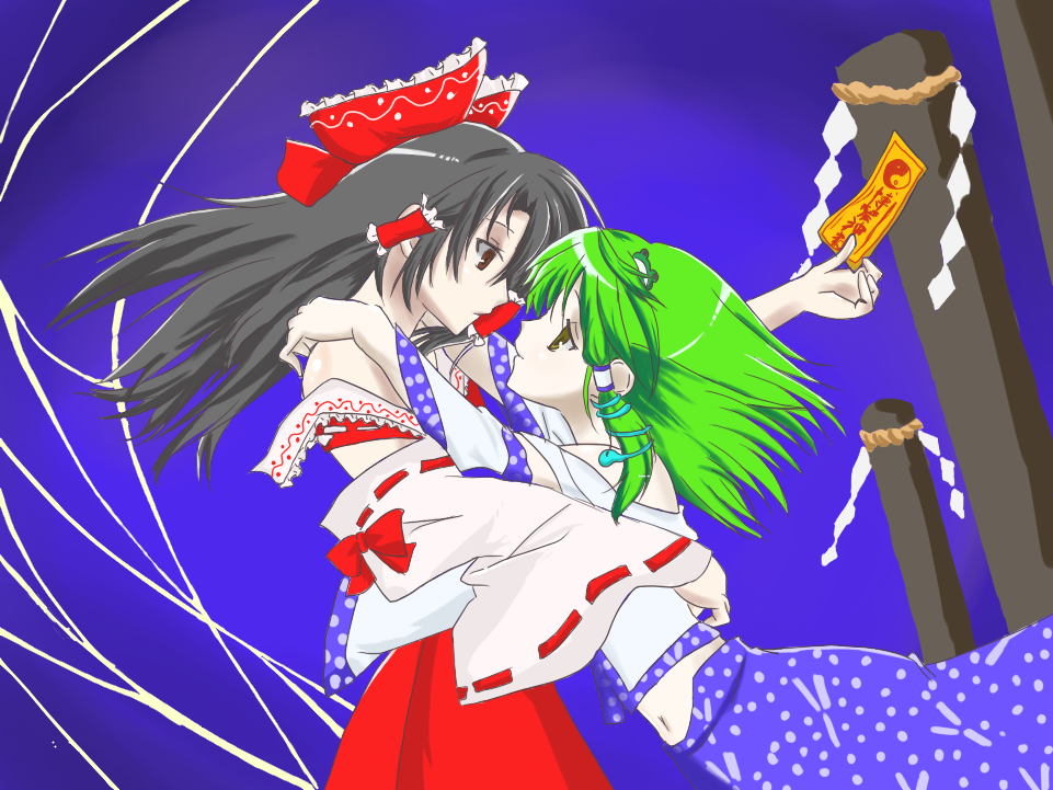 ogata kari, hakurei reimu, kochiya sanae, kannazuki no miko, touhou, bad id, bad pixiv id, 2girls, black hair, bow, brown eyes, detached sleeves, eye contact, female focus, frog, green eyes, green hair, hair bow, hair ornament, hair tubes, hug, long hair, looking at another, miko embrace, multiple girls, ofuda, parody, snake, yuri