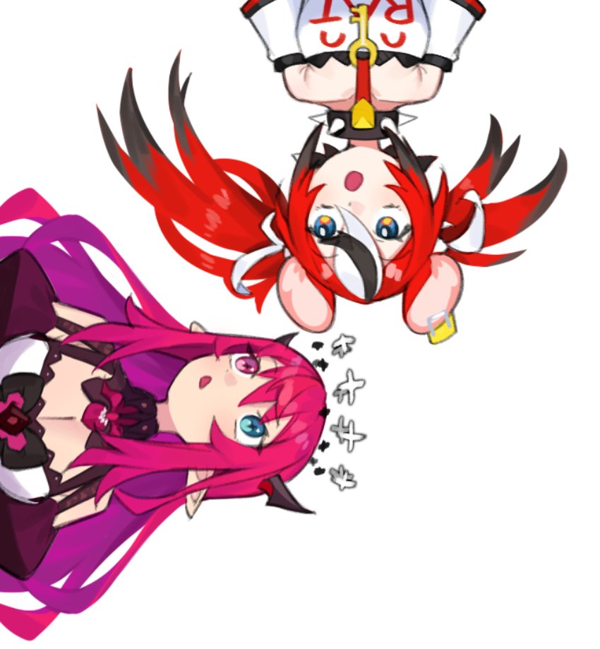 dasdokter, hakos baelz, hakos baelz (1st costume), irys (hololive), irys (irys 1.0) (hololive), hololive, hololive english, 2girls, animal ears, black hair, blue eyes, collar, dress, halo, heterochromia, long hair, mouse ears, mouse girl, multicolored hair, multiple girls, open mouth, pointy ears, purple hair, red hair, skirt, spiked collar, spikes, streaked hair, twintails, very long hair, virtual youtuber, white background, white hair